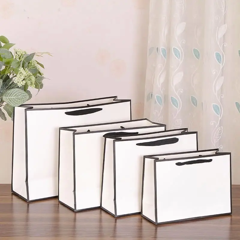 Custom White Brown Kraft Gift Craft Paper Shopping Bag With Ribbon Handles