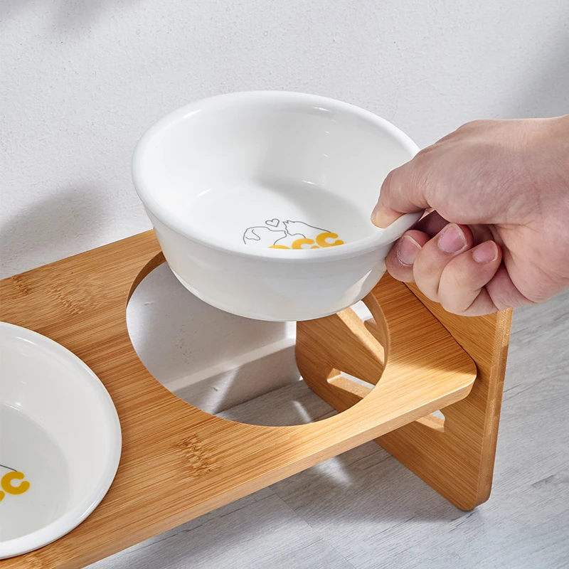 White Elevated Dog Cat Feeder Elevated Cat Dog Bowls Wooden Stand Double Ceramic Pet Bowls