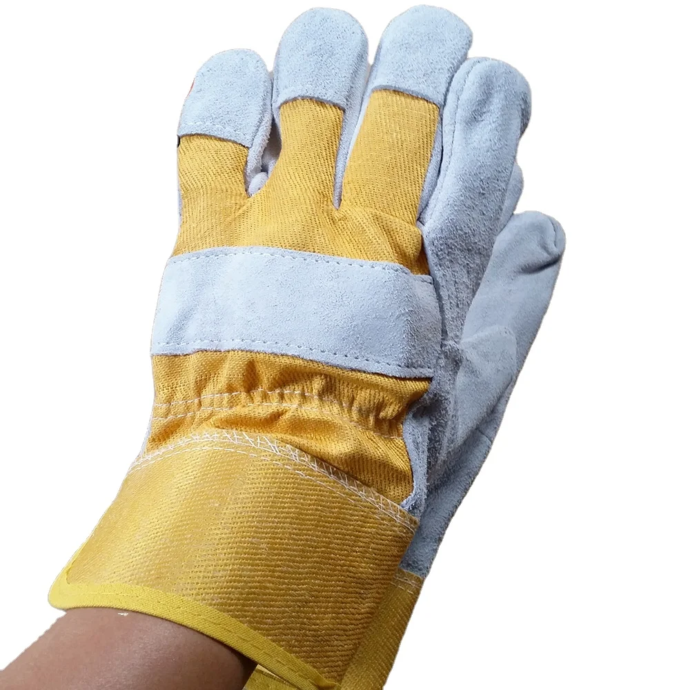 Western style yellow construction working full palm cowhide  safety work leather gloves for man women