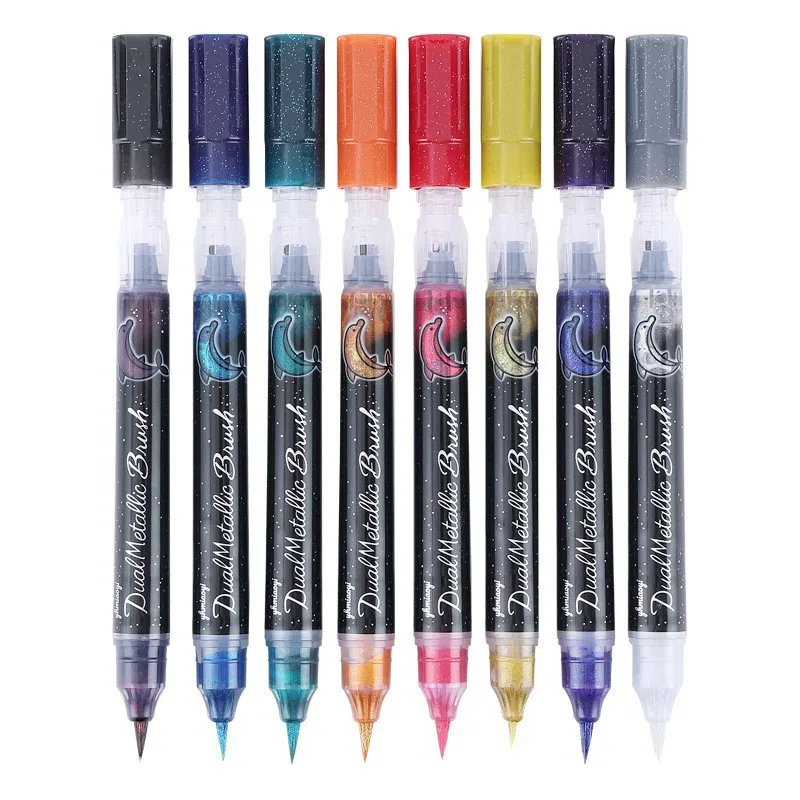 Cute girl calligraphy brush, metallic bright pink soft pen, student stationery supplies, dual color fluorescent pen