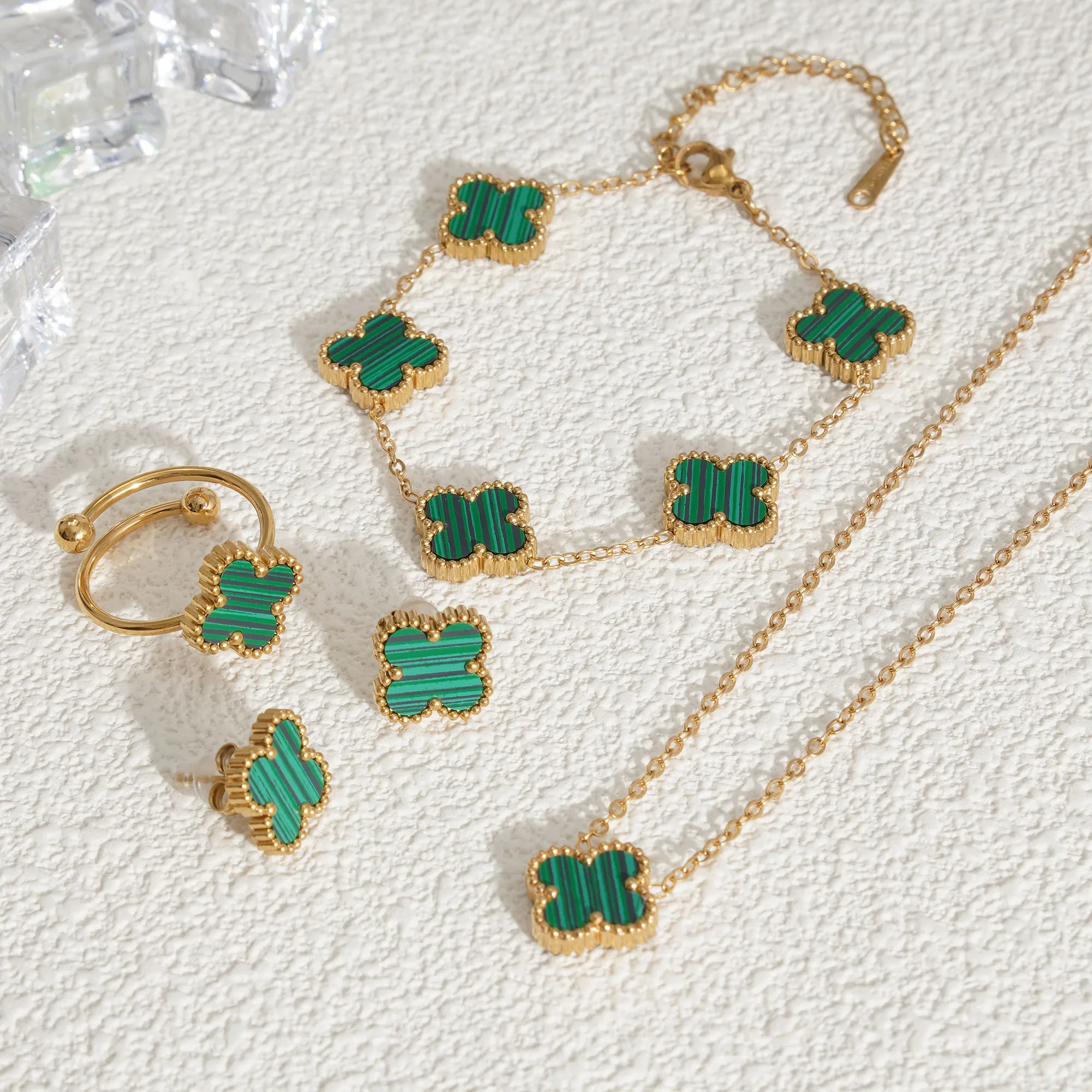Lucky Ring Earrings Necklace Bracelet 4 Leaf Clover Sets Stainless Steel Gold Four Leaf Clover Jewelry Set