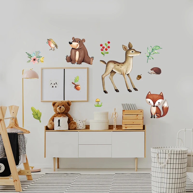 Custom design deer bear cute rabbit tree and animal pvc wall stickers for kids bedroom home decoration