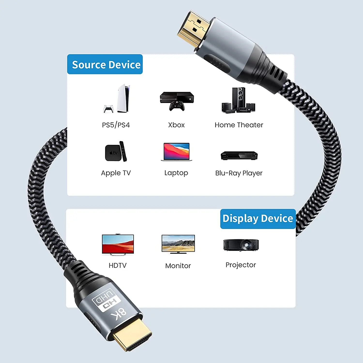 8K HD-MI 2.1 Cable 15 Feet 8K60hz 4K 120hz 144hz HDCP 2.3 2.2 eARC ARC 48Gbps High Speed