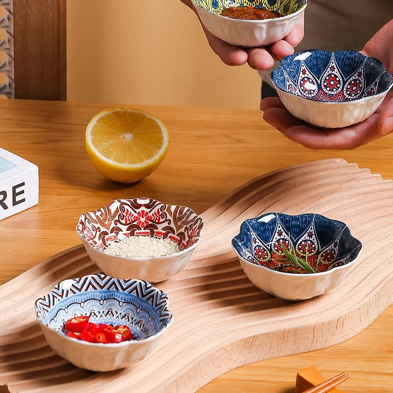 Hot Selling Bohemia Pattern Ceramic Soy Sauce Vinegar Seasoning Dish underglaze color small dishes snack dishes for household