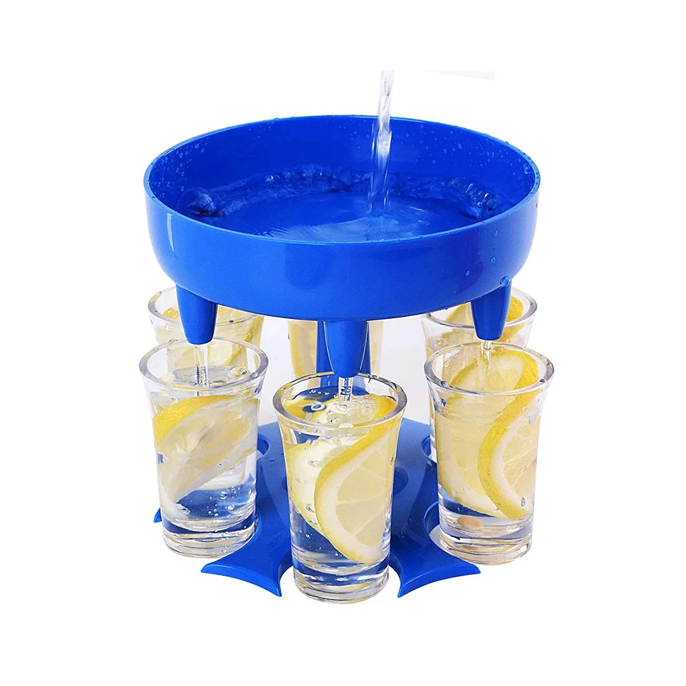 Blue/Pink/Grey Color Six glasses shot dispenser with 6 shot glass dispenser and holder