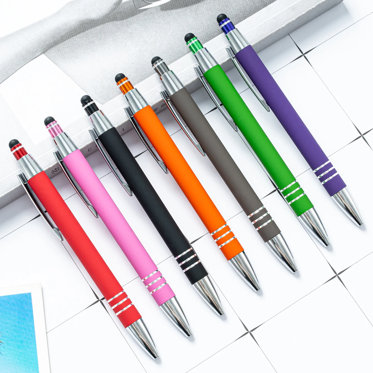 JH Office Supplies Custom Logo Pens 3 Rings Click Action Metal Ballpoint Pens With Screen Touch