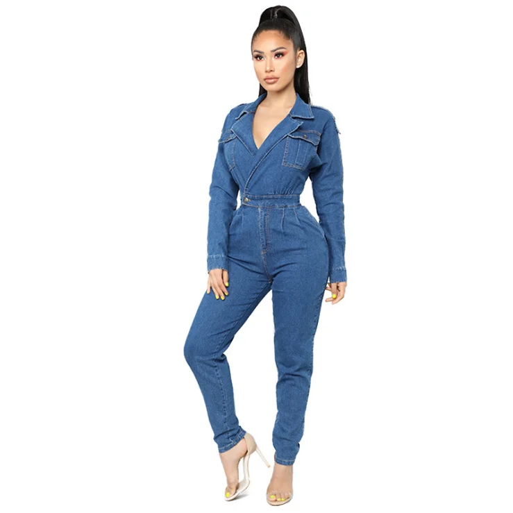 2019 Autumn High Quality Women  Denim Romper Long Sleeve V-Neck Jean Jumpsuits