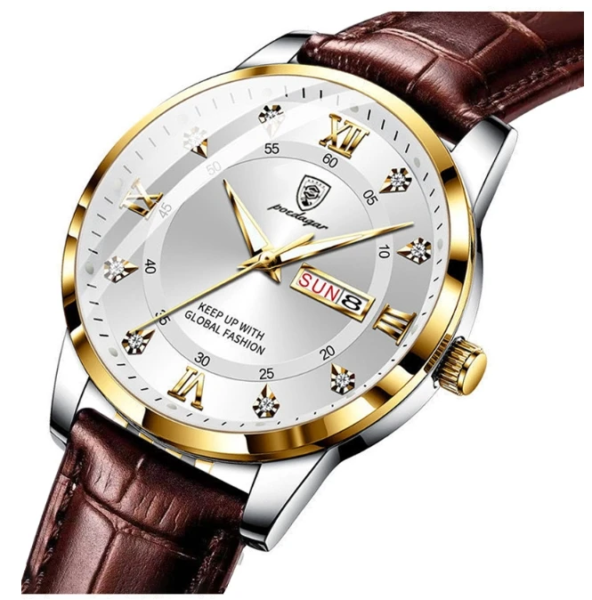 Мужские водонепроницаемые кварцевые часы с двойным календарем