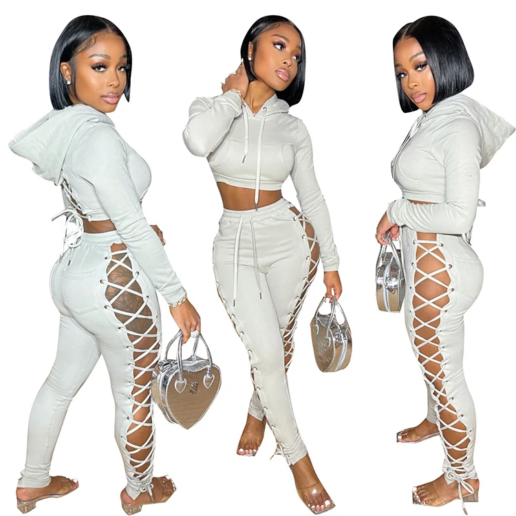 custom 2 piece women set neon two piece set women clothing sexy hollow out long sleeve short hoodie and pants set