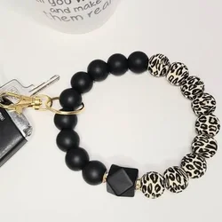 Personalized Animal Leopard And Black Silicone Beaded Bracelet Keychain For Women Car Accessories Cheetah Beads Bangle Keyring