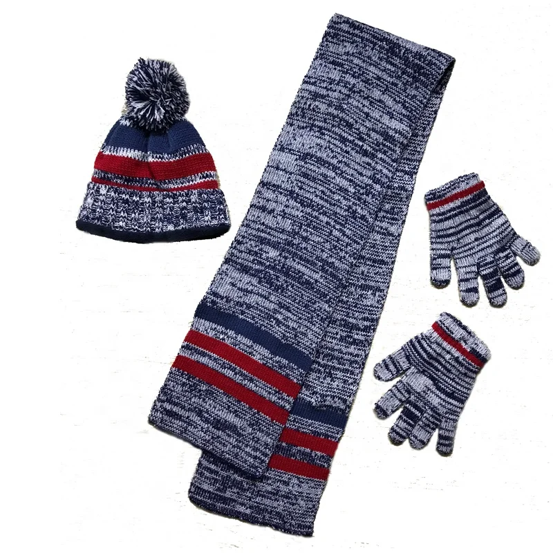 Teenages Winter Acrylic Section Dyed Yarn Stripe Knitted Beanie Hat Scarf Mittens Set