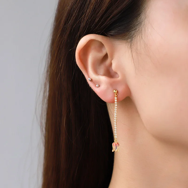 Wholesale Women Lady Chinese Style Elegant Copper Real Gold Plated oil dripping pink flower earrings enamel flower earrings
