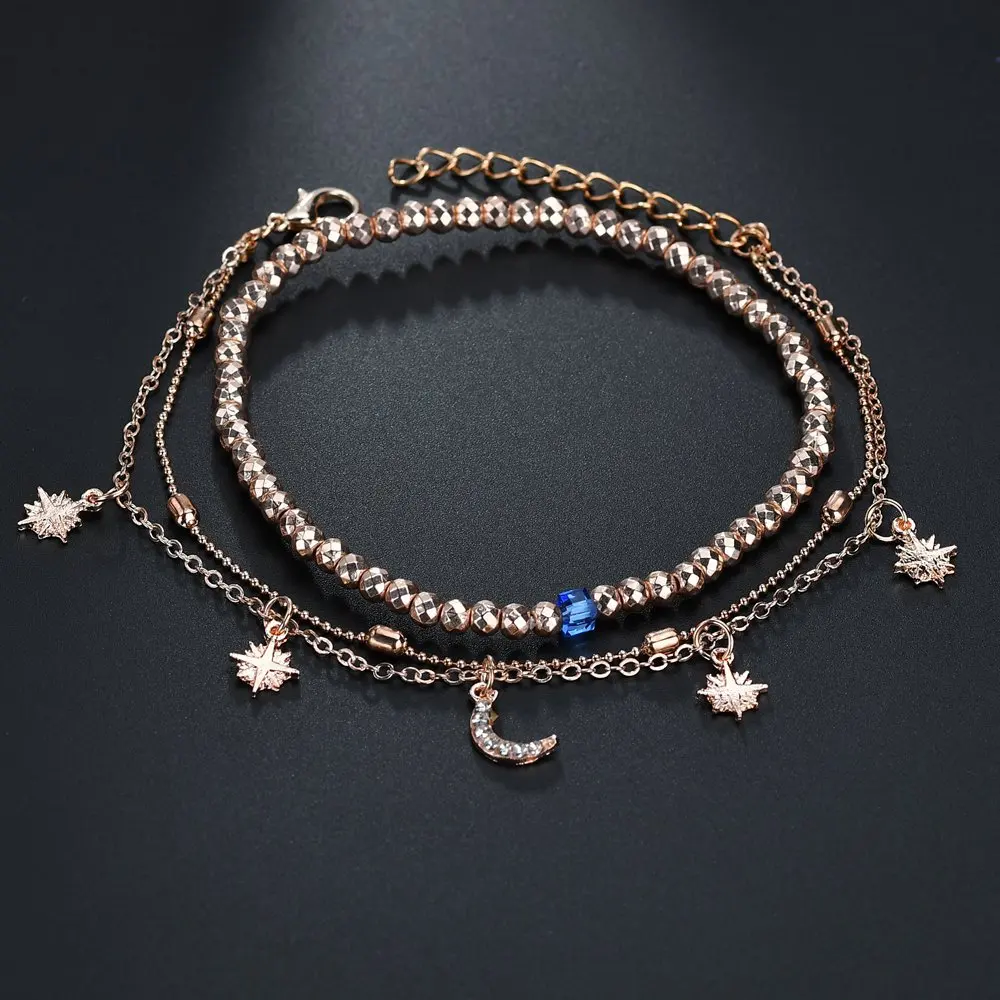 New Design Moon Crescent Star Anklet Bracelet Multilayer Hands Tassels Foot Chain Jewelry for Women Girls