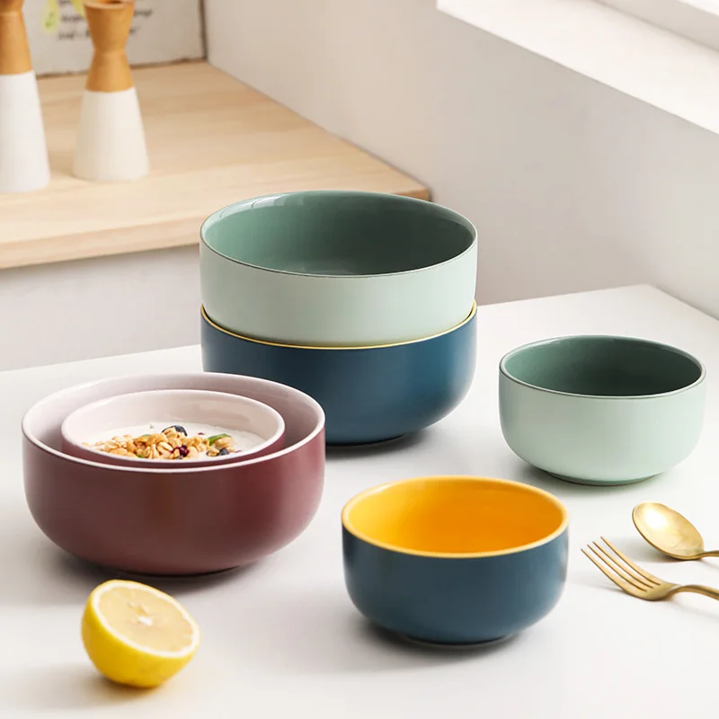Round Stoneware Ceramic Color Glazed Bowl Salad Fruit Bowls For Dining Eco-friendly Serving Deep Cereal Soup Bowl