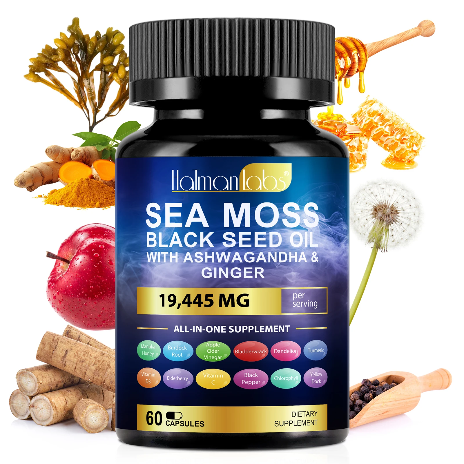 Hatmanlabs 60 capsules sea moss supplement sea moss capsules black seed oil sea moss ashwaganda capsules