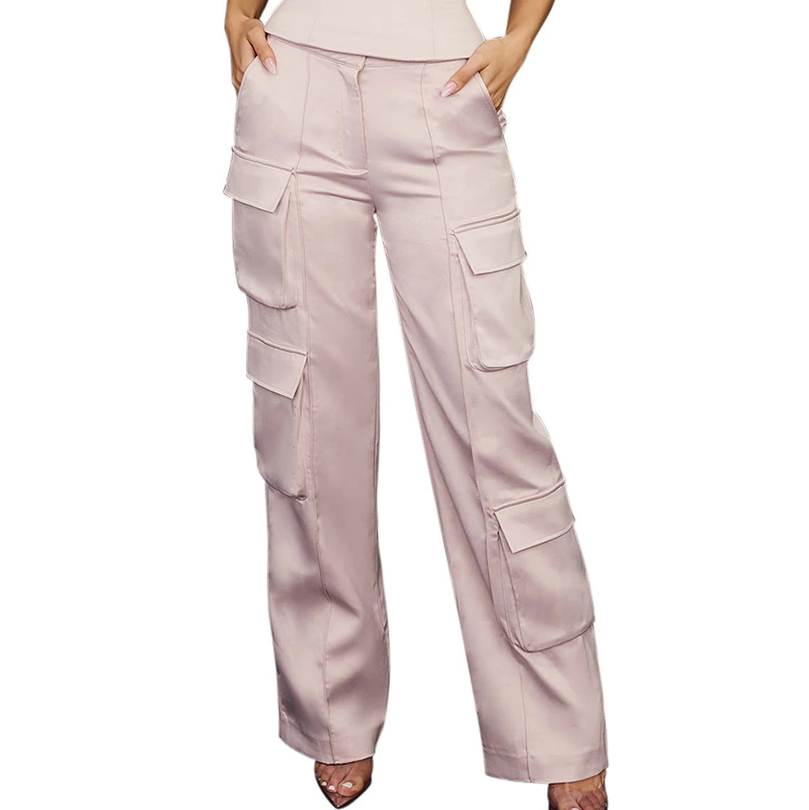 Оптовая продажа, женские шелковые брюки с широкими штанинами на заказ, черные атласные брюки-карго