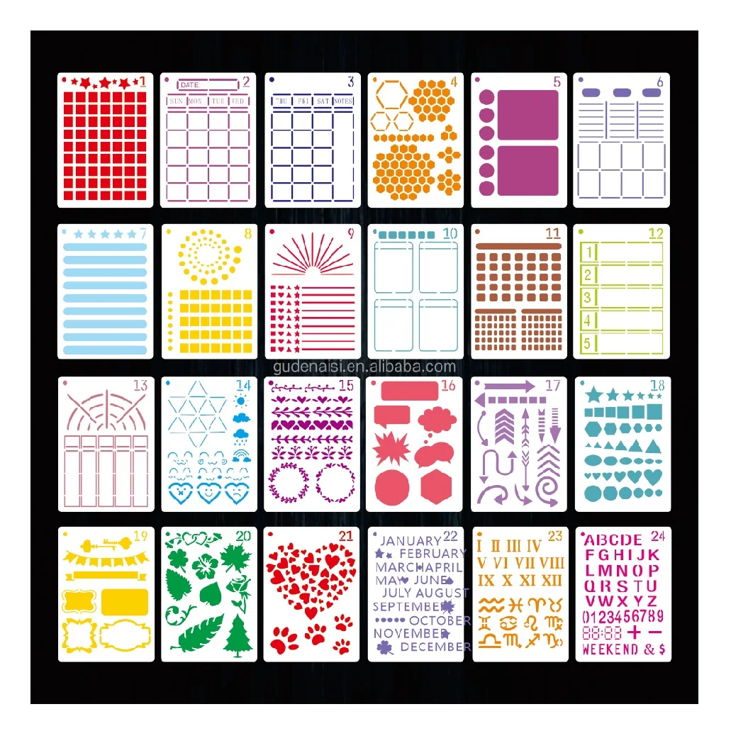 Best Selling 24 Pieces Planner Set Stencil Diary Notebook Journal Template Plastic Flower Letters Stencil