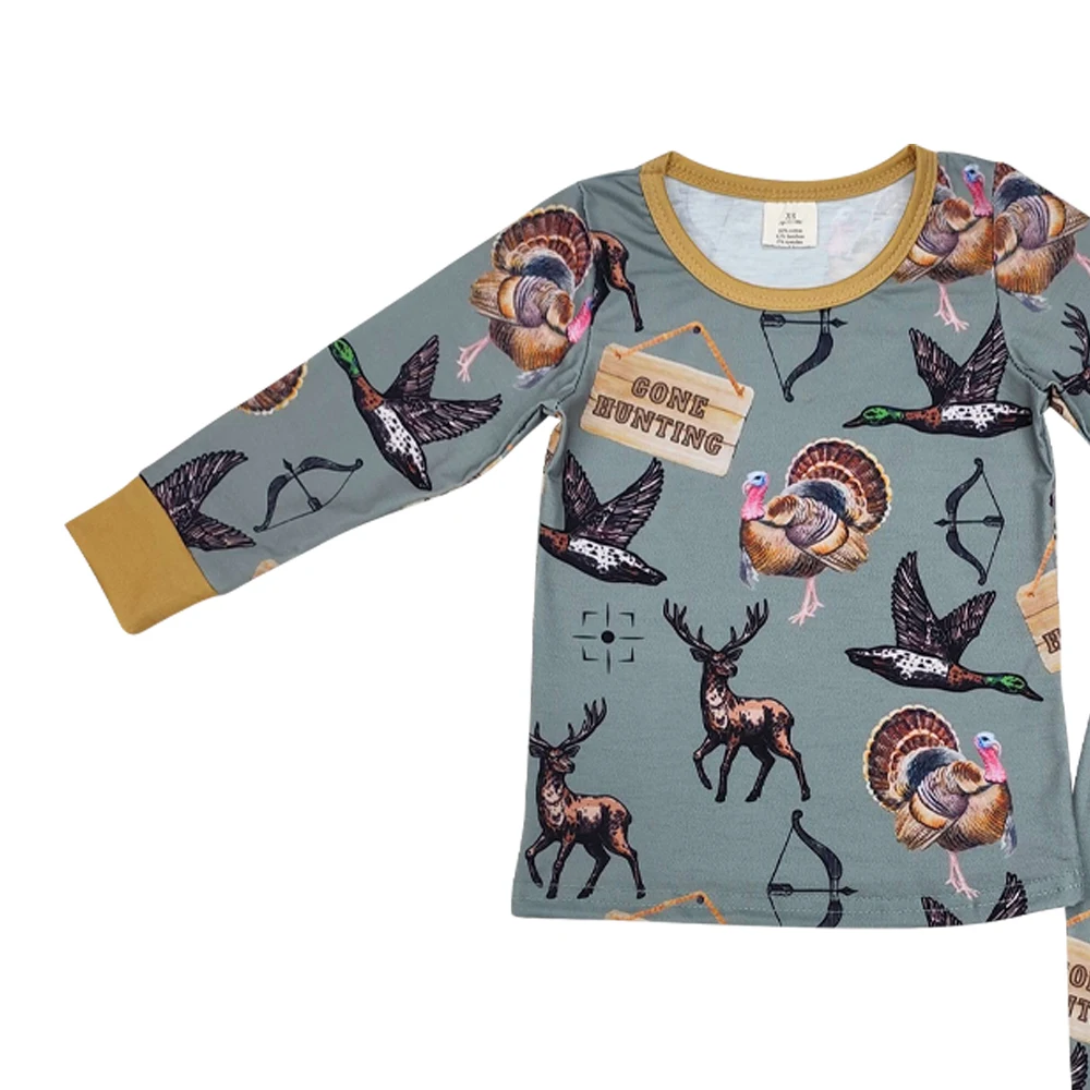 Duck Turkey Deer GONE HUNTING Print Boys Fall Bamboo Pajamas Clothes Set Wholesale RTS Toddler Boutique Kids Sleeper Clothes