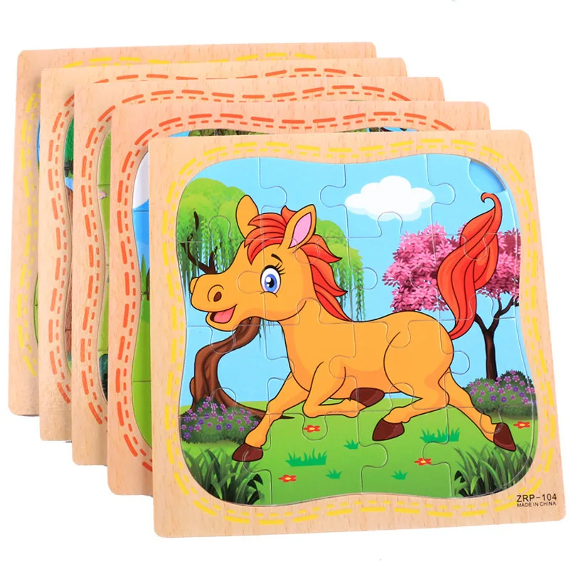Hot sale 16 Pcs Teaching Aids Cartoon Puzzle Montessori early educational Wood Jigsaw Puzzle For Kids Toddler Boys & Girls CE
