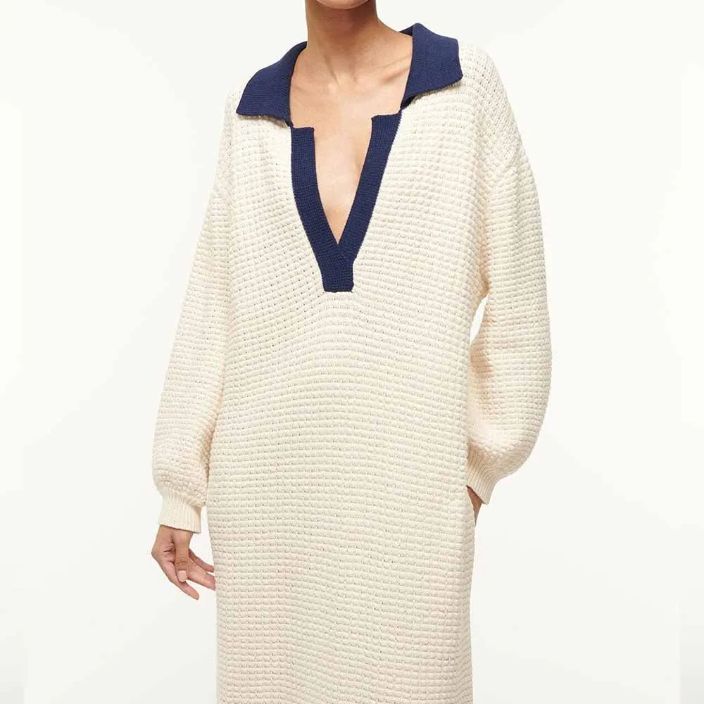 Knitwear Manufacturer Custom Autumn Winter chunky cotton waffle knit fabric features a long sleeve polo collar sweater  dress