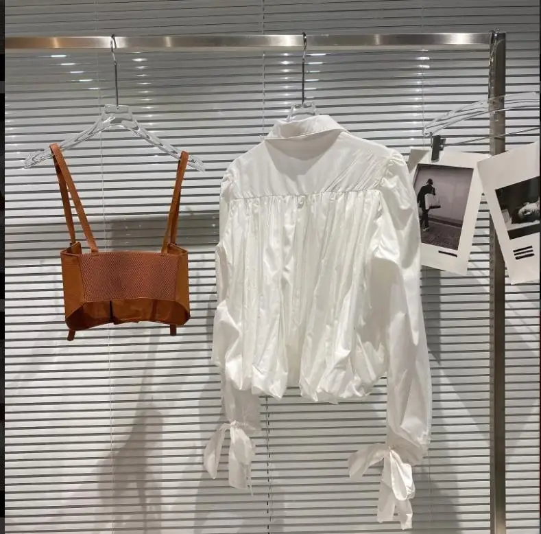 High Quality Wholesale Autumn New Design PU Corset Vest Shirt High Waist Sling Camisole Bow Cuff Shirt Two-Piece Blouse Set