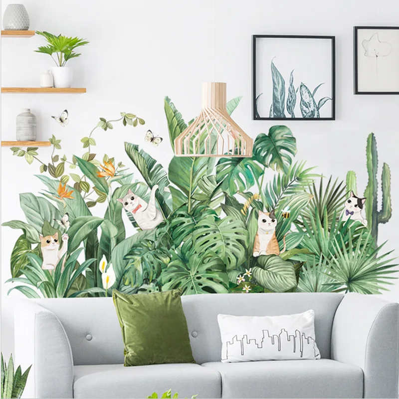 Removable Wall Sticker Cat Flower Pot Plant Leaves Warm Small Fresh Self Adhesive Sticker Bedroom Home Decoration Decal