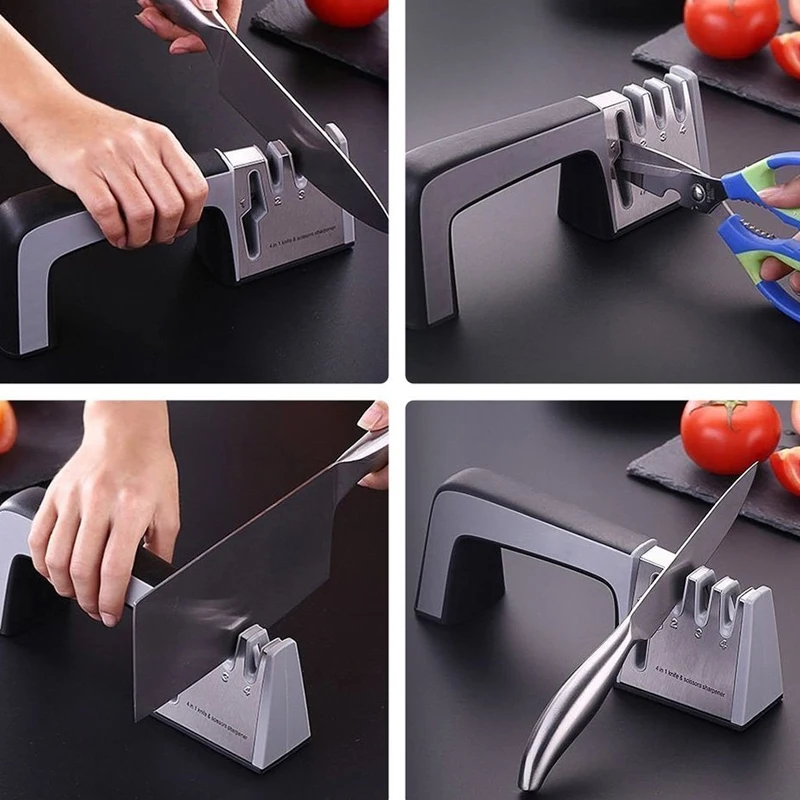Knife Sharpener 4 in 1 Diamond Coated&Fine Rod Knife Shears and Scissors Sharpening stone System Stainless Steel Blades