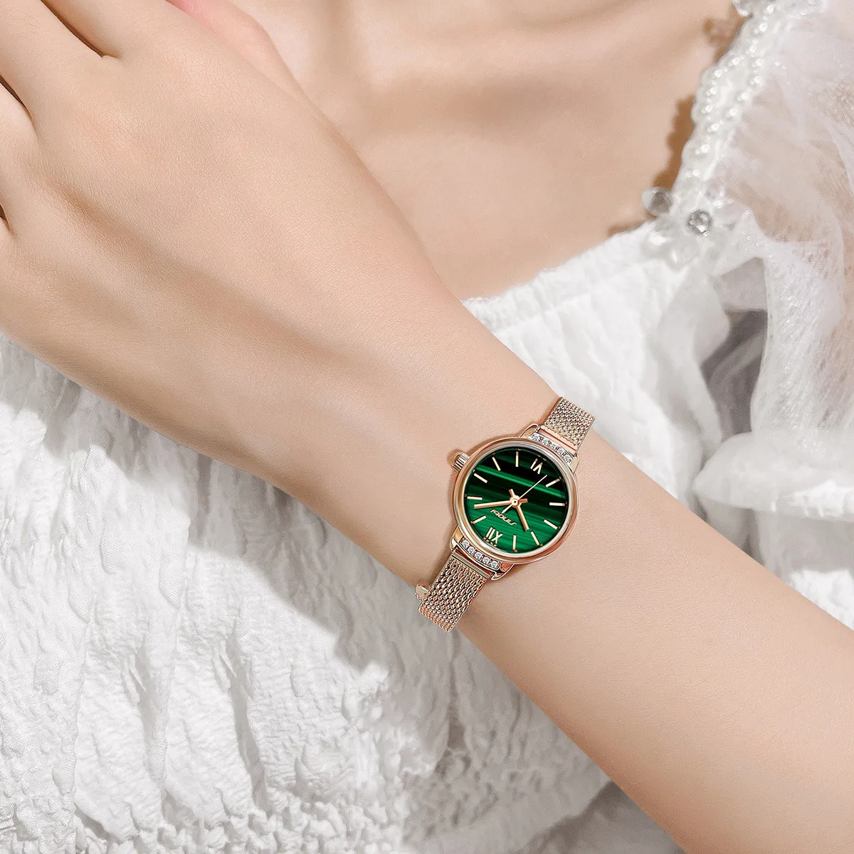 Rose Gold Mesh Elegant Lady Wrist Watch Little Green Dial Watch Charming Girls Watch S9853L