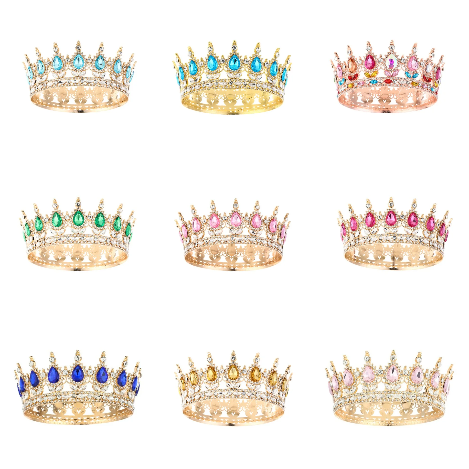 Wholesale  New Trendy Aulic Luxury Gold Diamond Wedding Crown Bridal Colorful Full Round Tiaras Wed Tiaras Crown