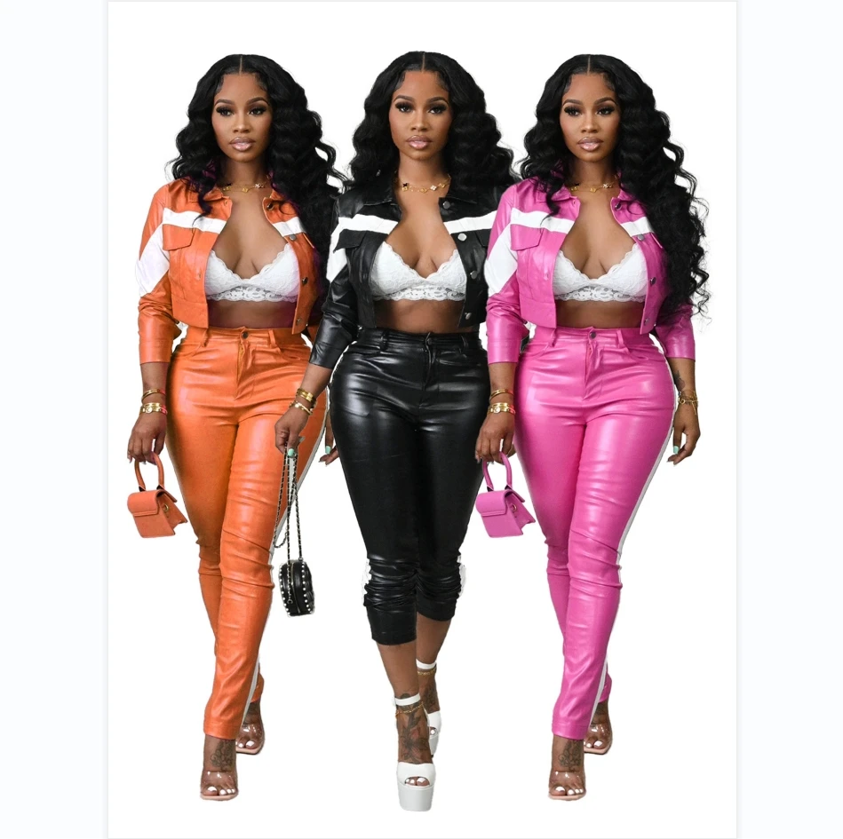 HR23115 Fashion Women PU Black 2 Piece Fall Turn-down Collar Jacket And Long Pants Streetwear Leather Women Outfits Sets