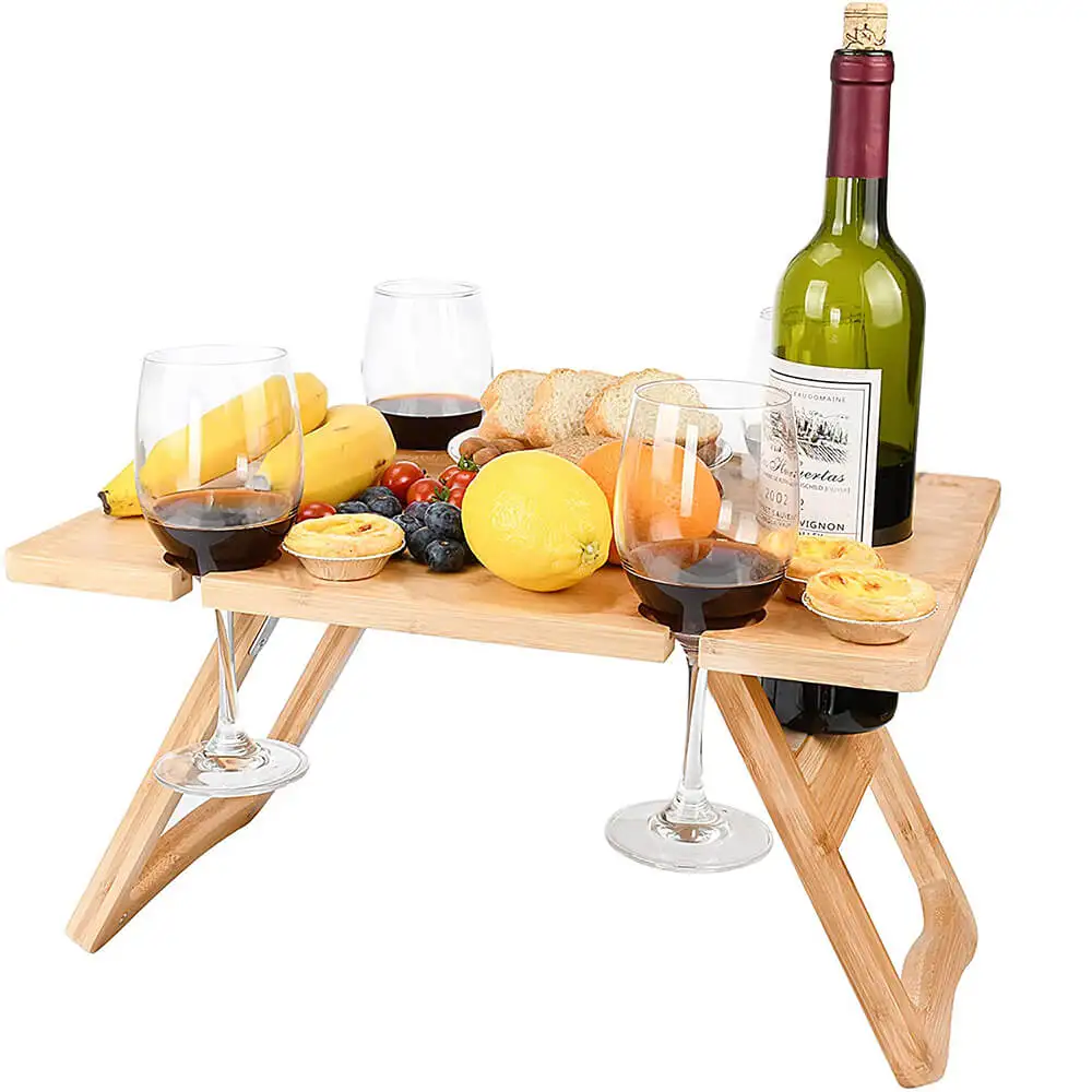 Portable Wine Picnic Table Foldable Bamboo Snack Table with Wine Bottle and Glass Holder