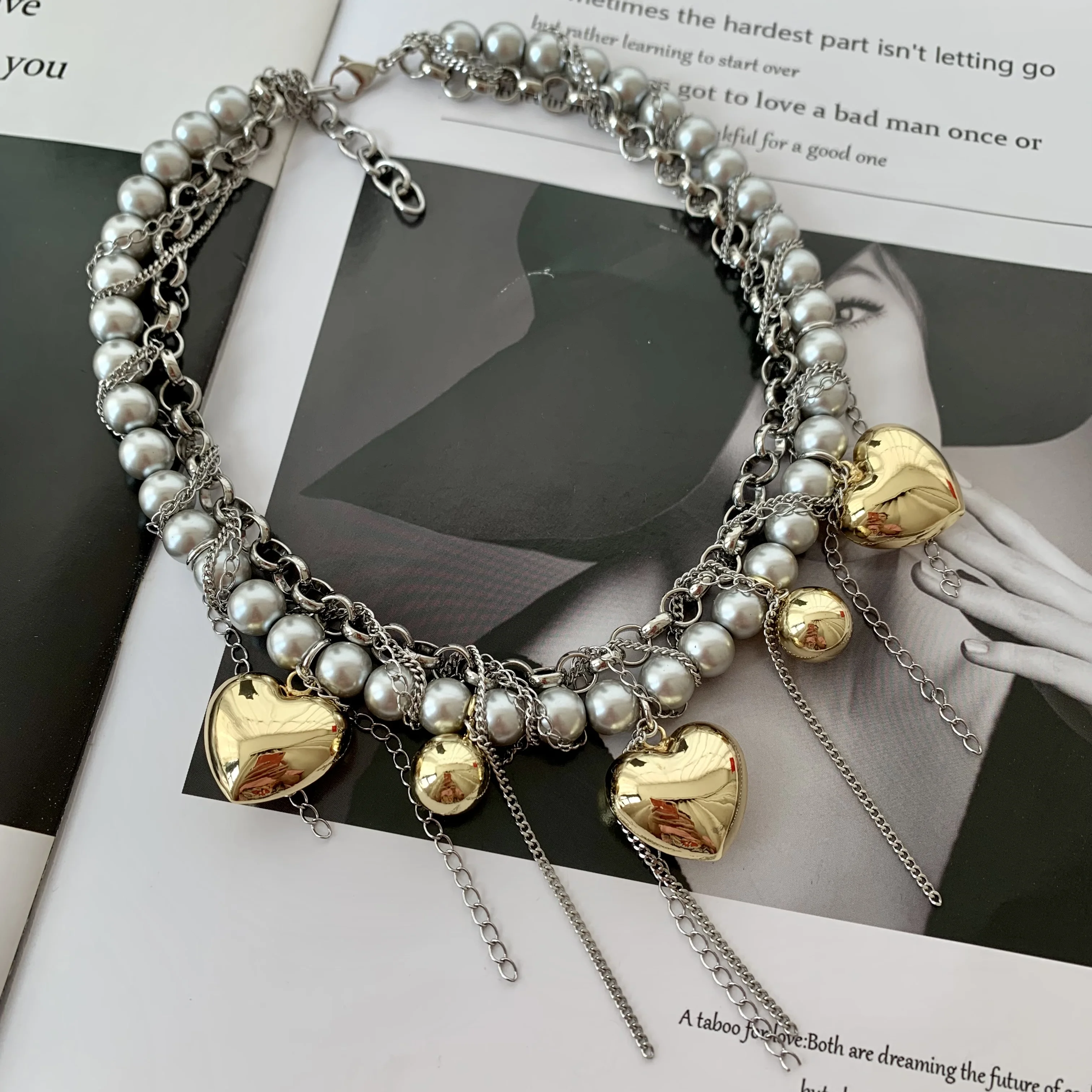 LS-L3605 Sparkly Amazing grey pearl necklace for women roller chain necklace hip-pop jewelry gold heart necklaces