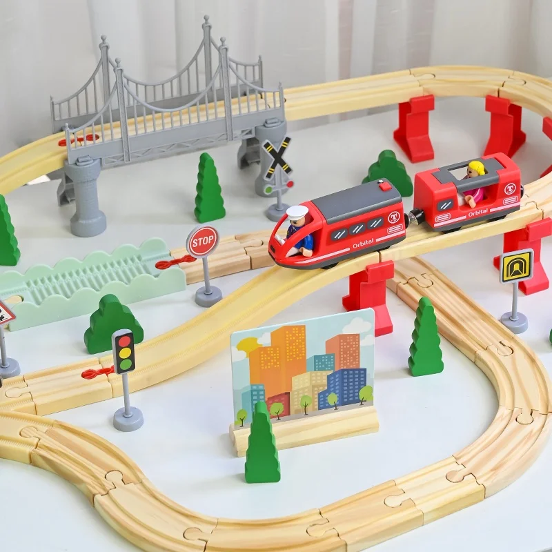 Educational Wooden Train For Toddler With Wooden Tracks Expandable Changeable Train Toy Set Wooden Train Set