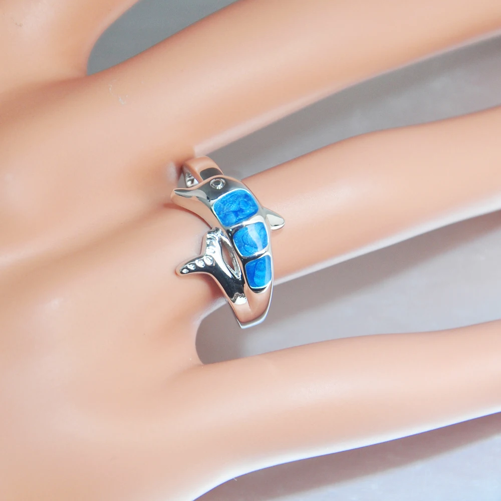 Wholesale Price Blue Enamel SeaLife Jewelry Small Quantity Stock Dolphin Jewelry Rings For Women