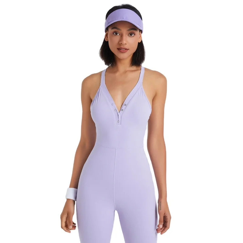 MEISU Women V Neck Sexy Yoga Fitness Jumpsuit Custom Front Button One-Piece Sportswear