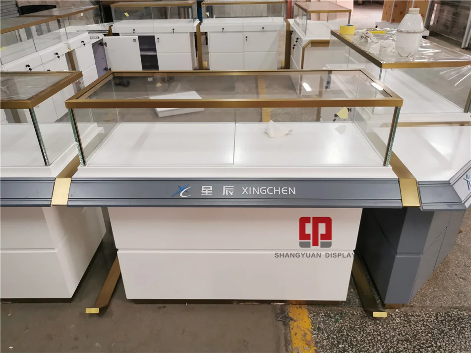 Customized wooden glass display cabinet gold jewelry kiosk paint showcase manufacturer jewelry display counter furniture