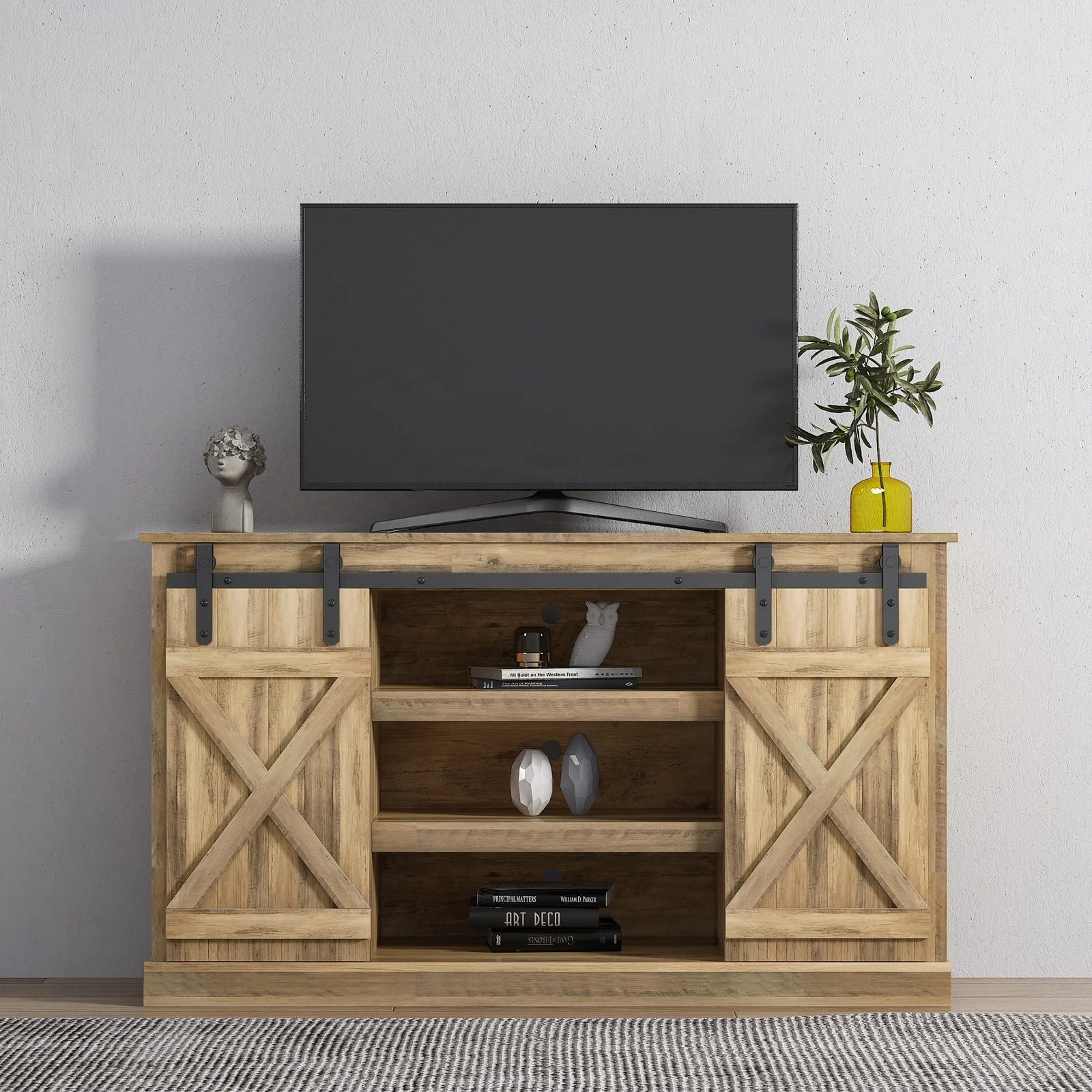 TV entertainment center furniture Farmhouse with Sliding Barn Door,Media Console Table, TV stand with Wood Storage Cabinet