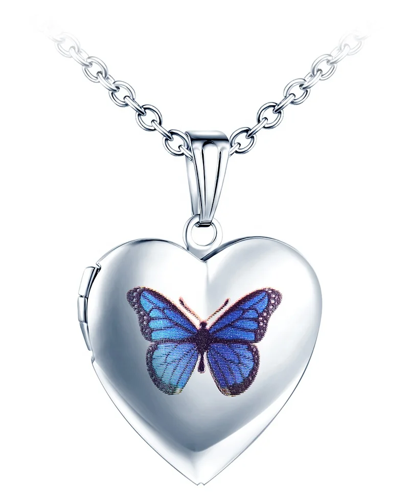 Exquisite Butterfly Heart Shaped Photo Pendant Necklace Stainless Steel Charming Keepsake Jewelry