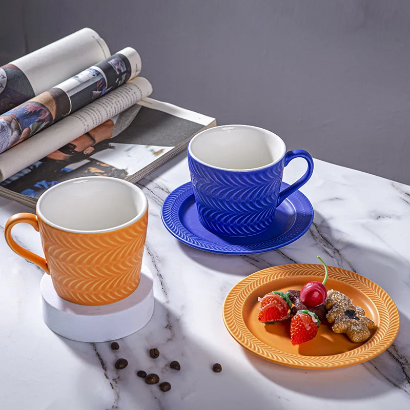 Nordic Style Striped Matte Klein Blue Ceramic Coffee Mug Set