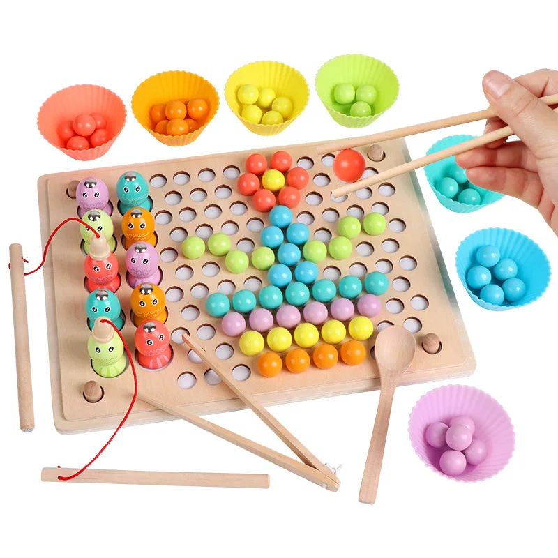 Wooden Toy Magnetic Fishing Game Clip Beads Game Puzzle Board Educational Preschool Learning Toy Matching Game Memory Toy