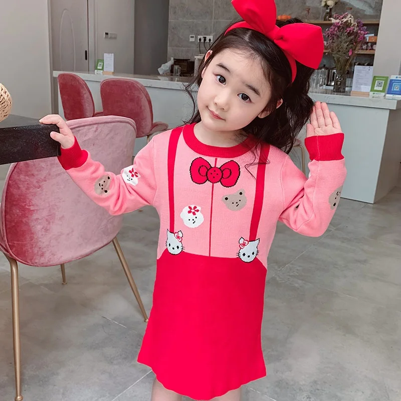 
New Europe and the United States autumn baby girl knitted pattern dress cartoon wool dress OEM 