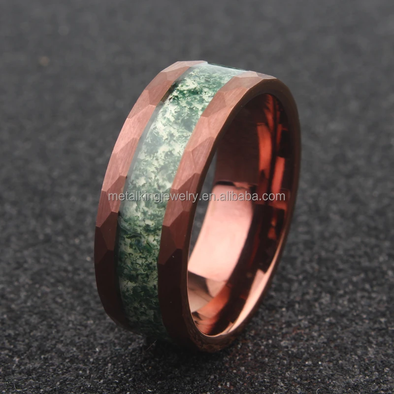 Nature Green Moss Agate Ring, Brown Hammer Tungsten Ring Inlay Moss Agate, Men Wedding Band Trendy Engagement Rings Unisex Rings