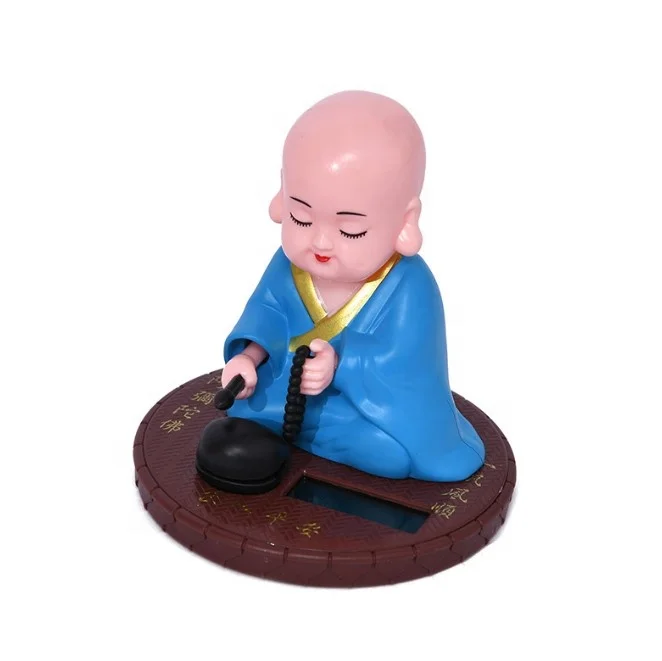 Cute Buddhist Monk Statue Solar Power Dancing Little Figurine Chinese Shaolin Sculpture for Car Garden Decor-Blue Solar Monk