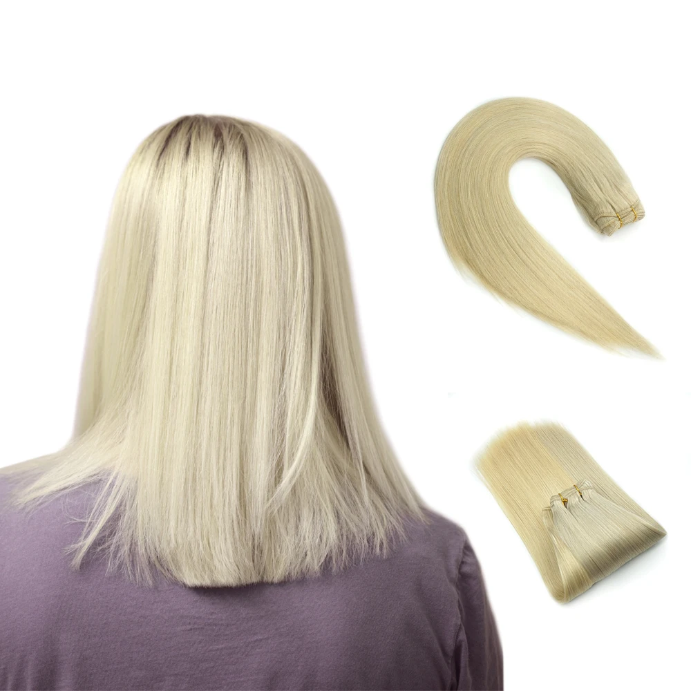 Ethically sourced 100% European human hair extensions cuticle double drawn boutique salon free sample smooth machine tied weft