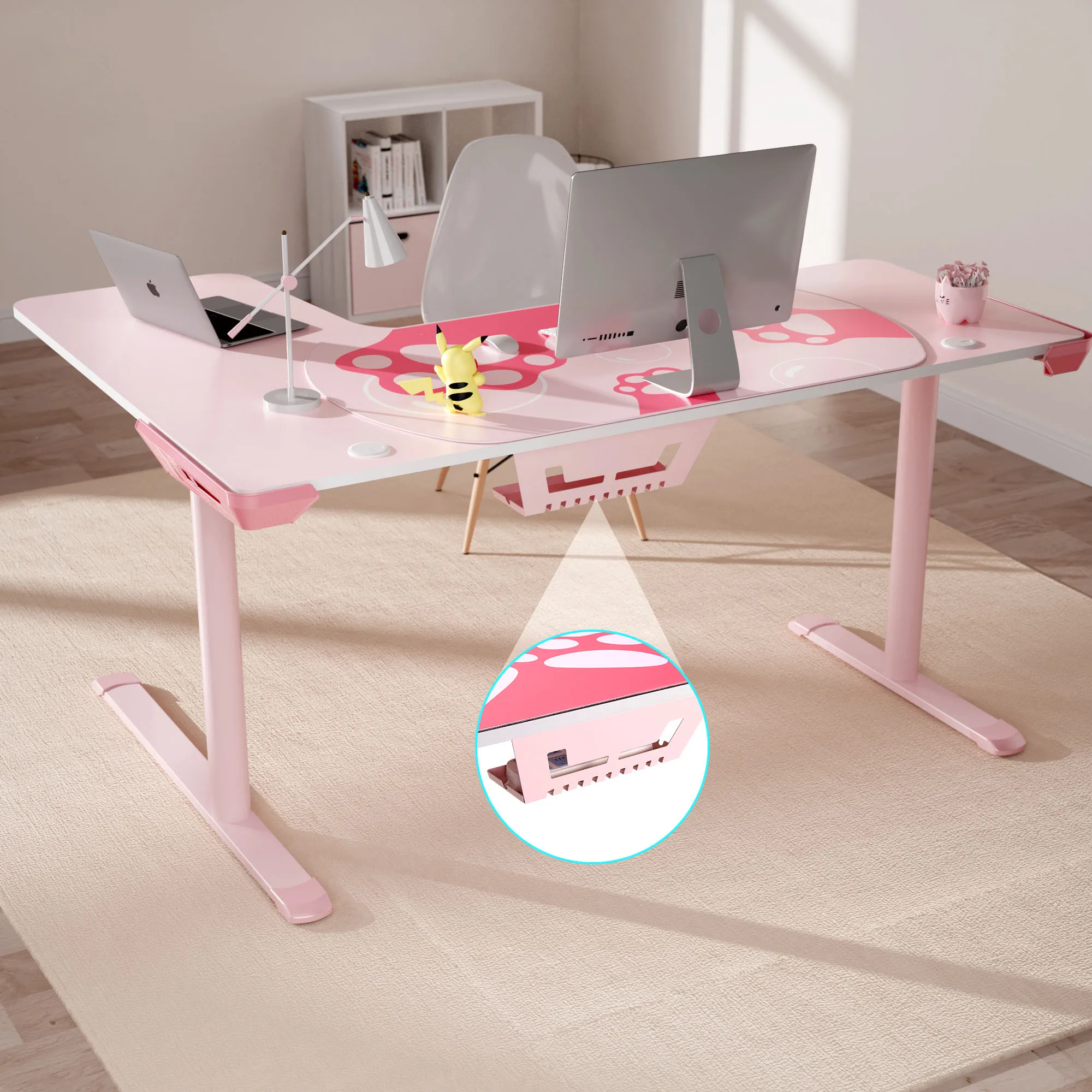 Computer Desk Modern Pink 2 Monitor gaming desk RGB Reversible L-Shaped Gaming Desk