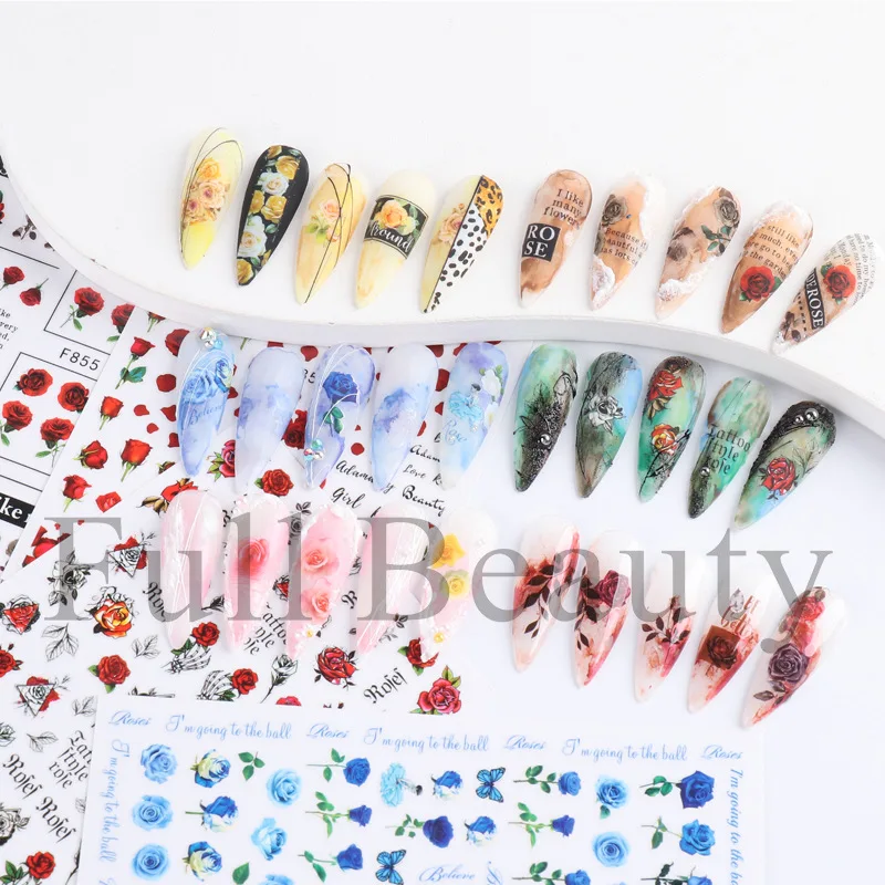 3D Red Gold Rose Nail Sticker Flower Nail Art Decorations Valentine Love Stickers Korean Cute Pink Rose Flower Decals For Girls