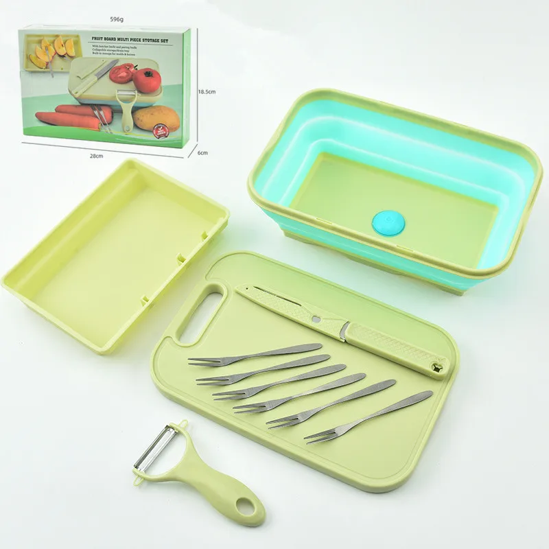 Kitchen Multifunction Vegetable Fruit Tools Plastic Foldable Collapsible Silicone Colander Chopping Cutting Board With Container