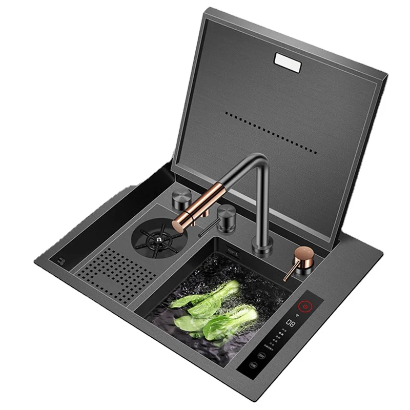 Nano Black SUS 304 Stainless Steel Smart Purifying Kitchen Sink Hidden Cup Rinser Handmade Sink Ultrasonic Sinks