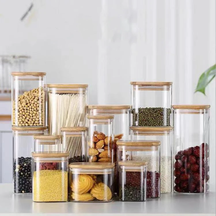 Glass Storage Jars with Sealed Bamboo Lids -Clear Glass Bulk Food Storage Canister for Serving Tea, Coffee, Spice, Candy, Cookie