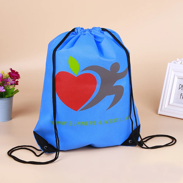 Wholesale eco friendly blue color 80gsm non woven drawstring backpack bag for students